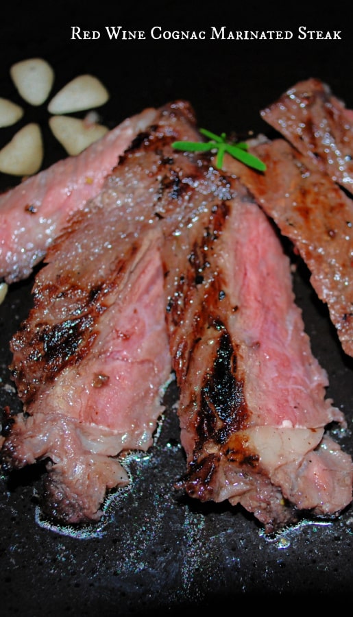 Rib Eye steaks marinated in red wine, cognac, stone ground mustard, garlic, rosemary and Extra Virgin Olive Oil. 