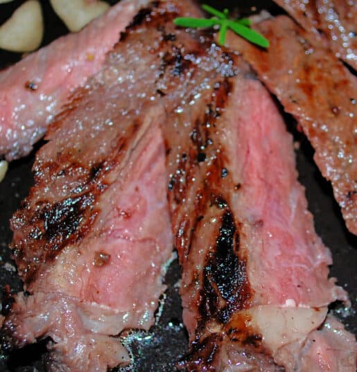 Rib Eye steaks marinated in red wine, cognac, stone ground mustard, garlic, rosemary and Extra Virgin Olive Oil. 