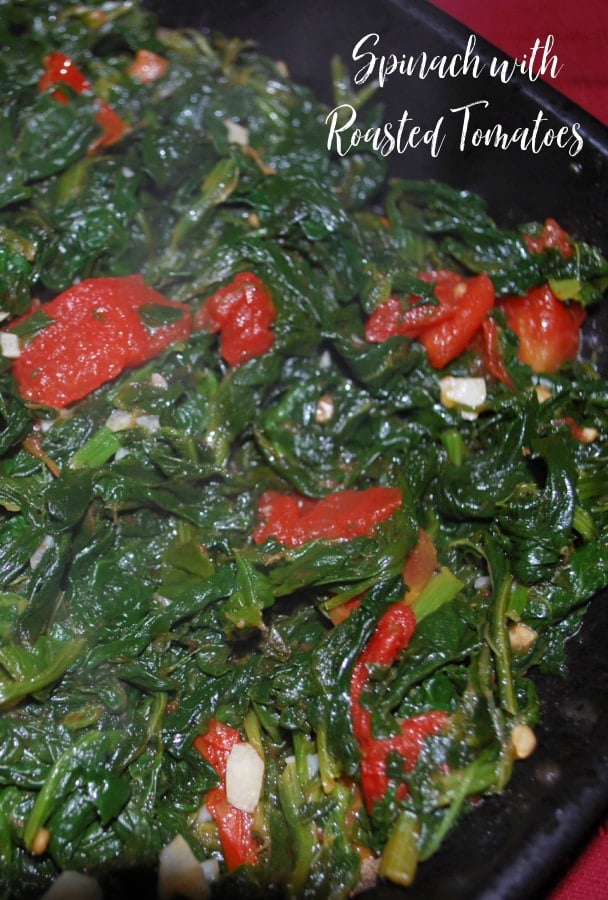 Spinach sautéed with roasted plum tomatoes, garlic and Extra Virgin Olive Oil makes a tasty vegetable side dish to any meal. 