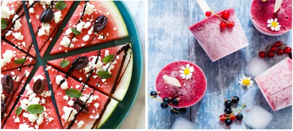 Food on a table, with Watermelon and Salad