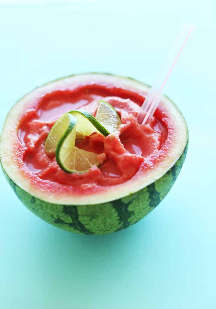 Watermelon Slushie in a halved watermelon