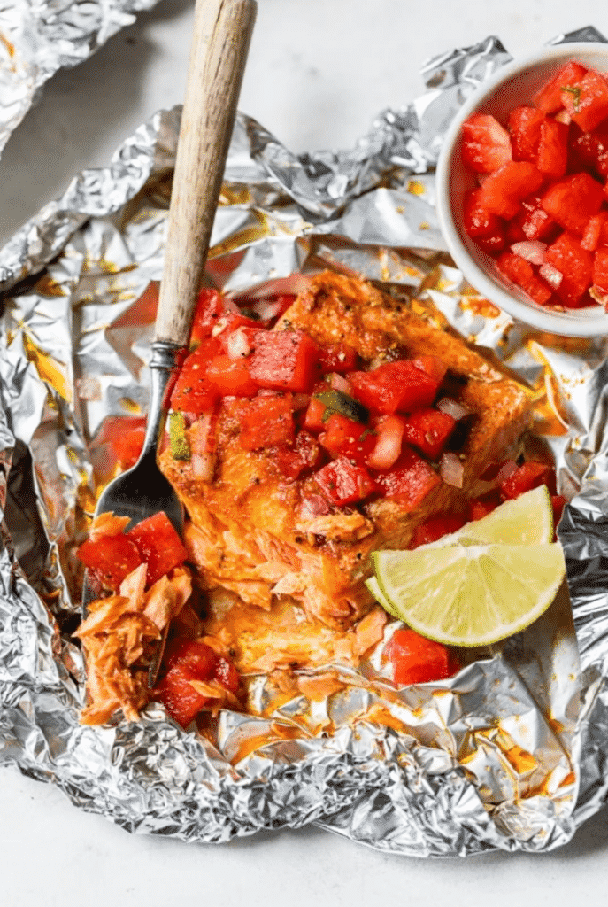 Foil pack of fish and watermelon salsa. 