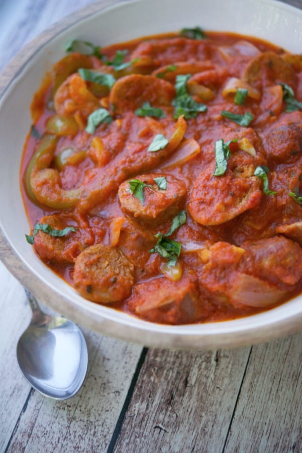 Italian Sausage, Peppers and Onions in a red marinara sauce.