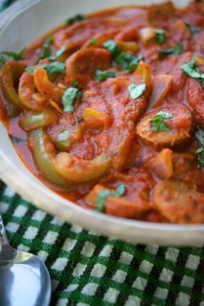 Sausage, Peppers and Onions in a serving bowl.