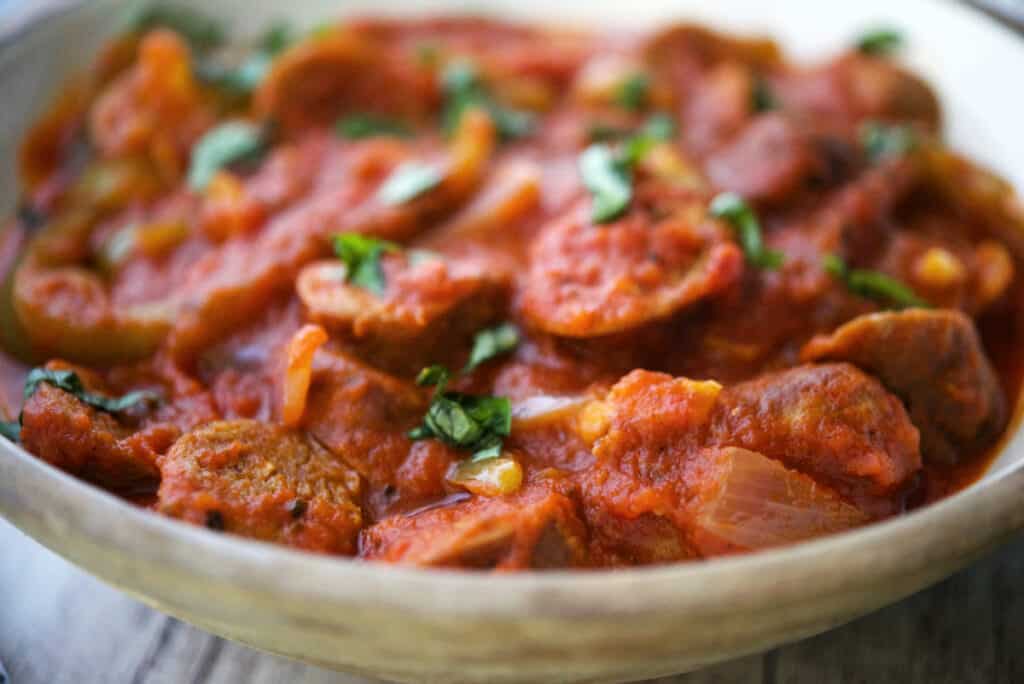 Closeup of Sausage, Peppers and Onions in a bowl