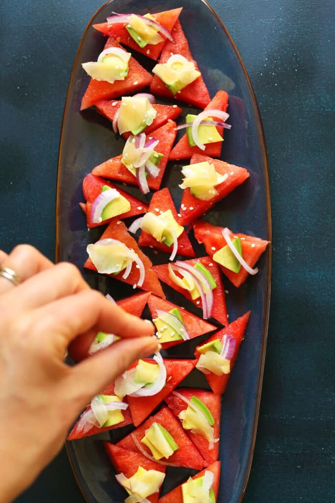 Watermelon Sashimi on a plate.