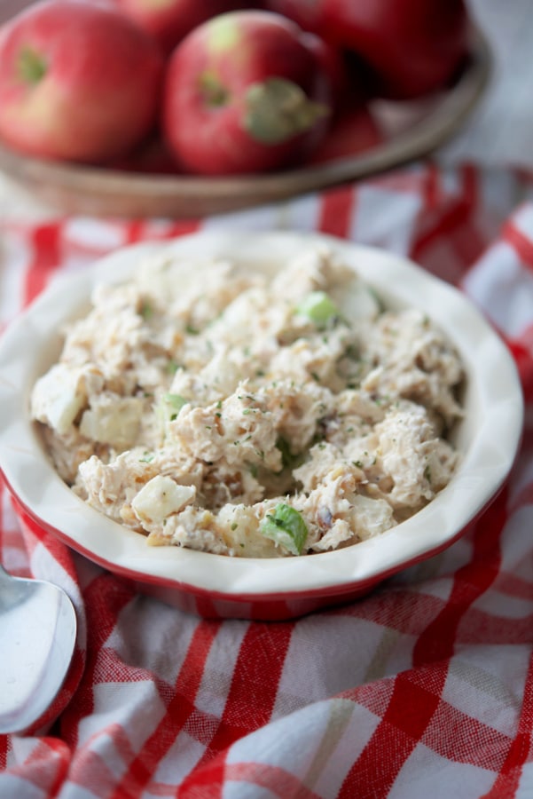 Chicken salad in a red bowl in front of a bowl of apples. 