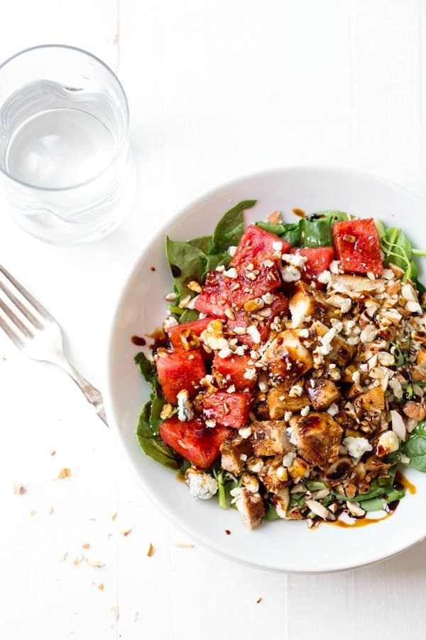watermelon salad in a white bowl