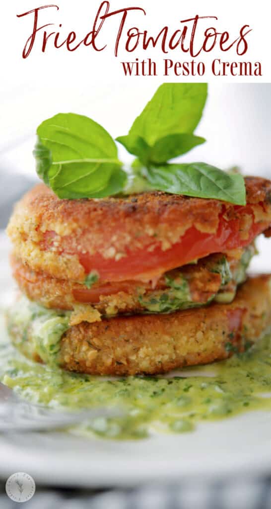 Heirloom tomatoes breaded in Italian breadcrumbs; then pan fried and topped with a fresh basil pesto creama. 
