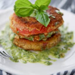 Fried Tomatoes with Pesto Crema on a plate