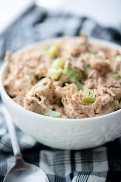 Honey BBQ Ranch Chicken Salad in a white bowl