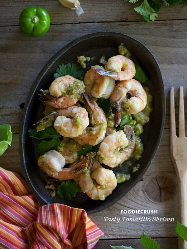 Tomatillo Shrimp in a black dish