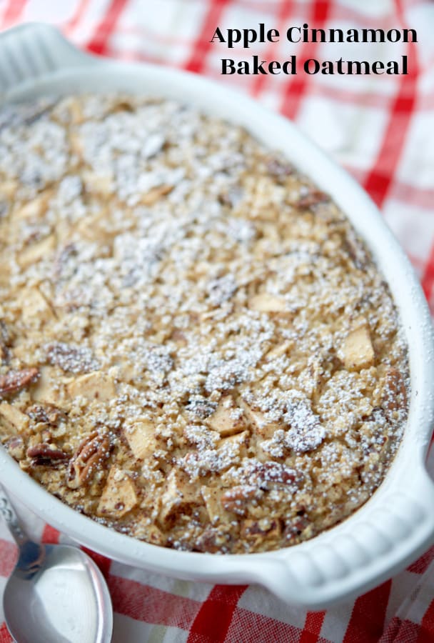 Apple Cinnamon Baked Oatmeal in white casserole dish