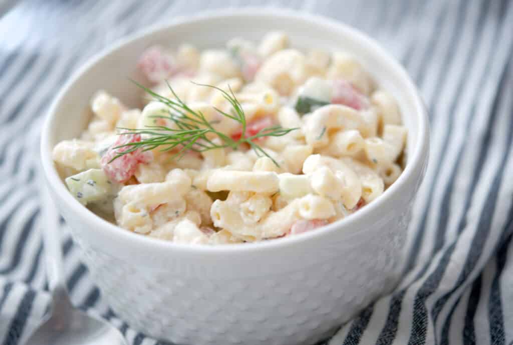 Dill Macaroni Salad in a white bowl