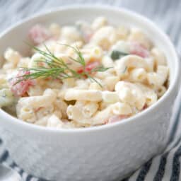 Dill Macaroni Salad in a white bowl