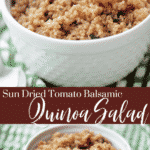 This gluten free salad is made with quinoa, fresh sun dried tomatoes, basil, balsamic glaze and EVOO is super easy and flavorful. 