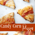 This pizza looks just like candy corn, but made with Mozzarella and Cheddar cheeses. It's a fun kid friendly, Halloween dinner or snack idea! 