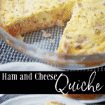 Ham and Cheese Quiche made with farm fresh eggs, heavy cream, diced ham, shredded Cheddar cheese and chives. 