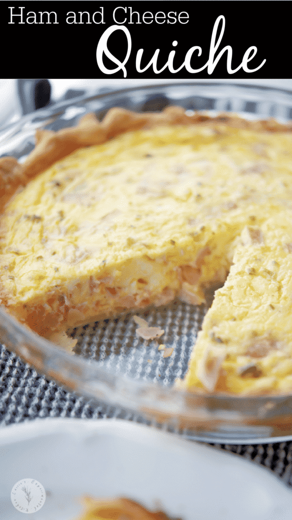 Ham and Cheese Quiche made with farm fresh eggs, heavy cream, diced ham, shredded Cheddar cheese and chives. 