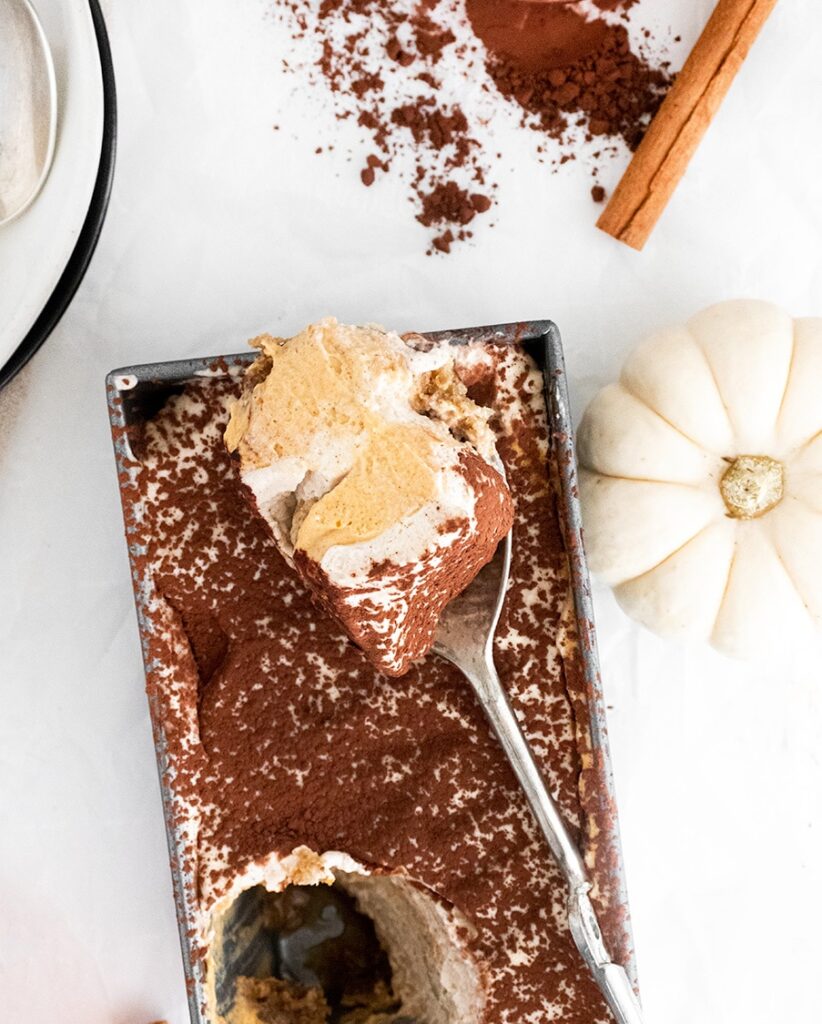 pumpkin tiramisu on a spoon