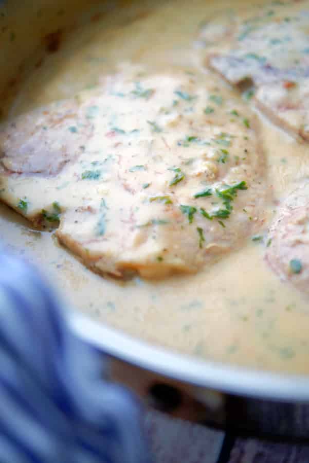 Bourbon Pork Chops in a skillet