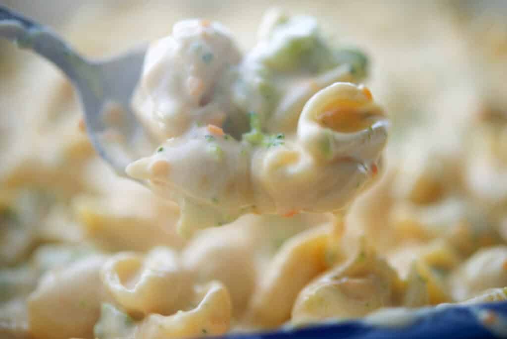 Broccoli Cheddar Mac and Cheese on a spoon