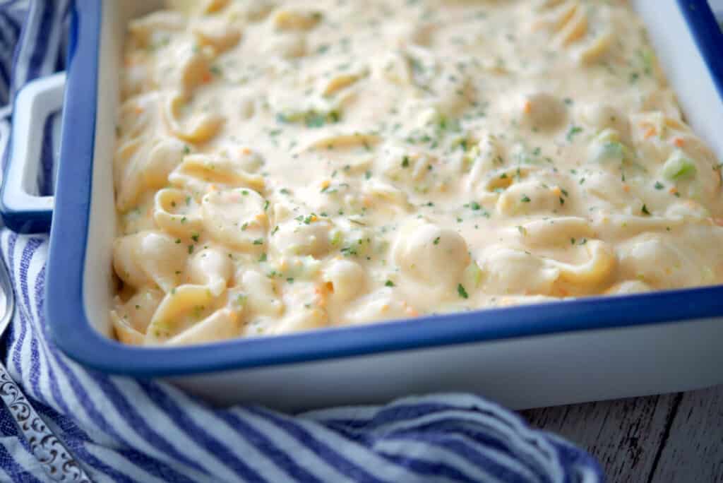 Broccoli Cheddar Macaroni and Cheese in dish