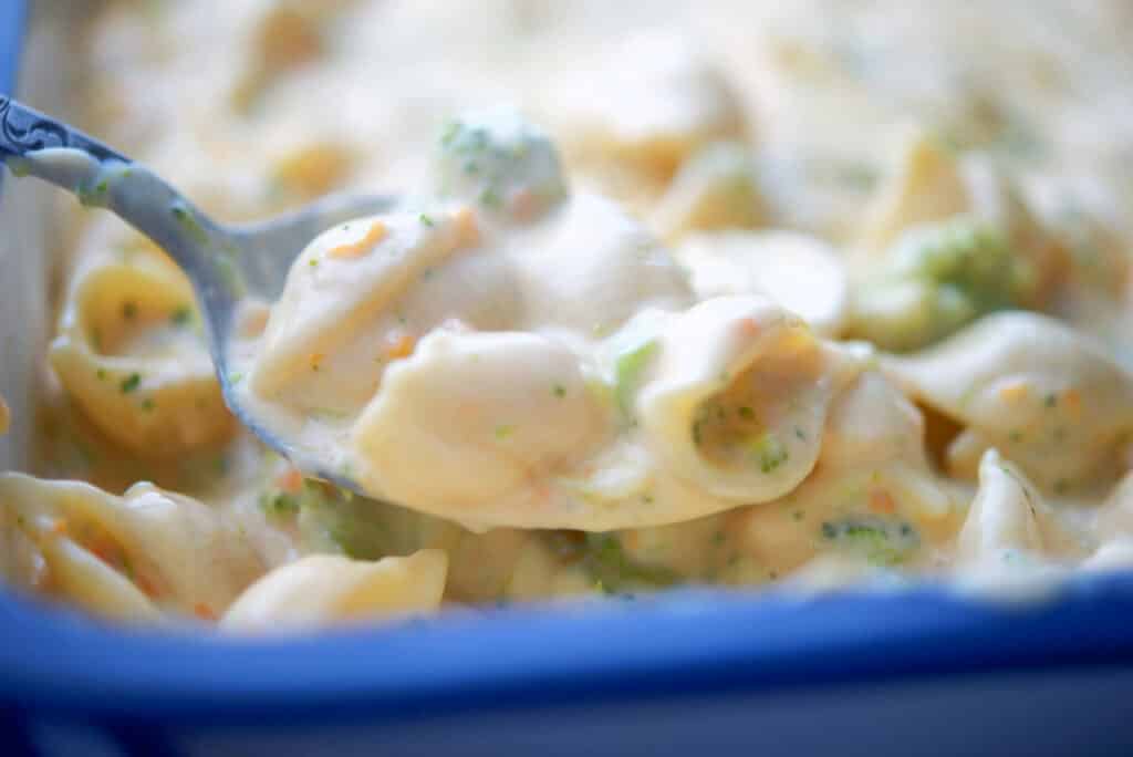 Broccoli Cheddar Macaroni and Cheese on spoon