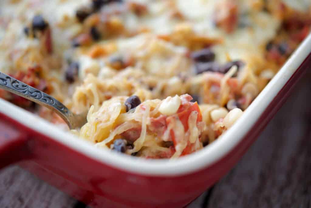 Portuguese Spaghetti Squash Casserole in a dish. 