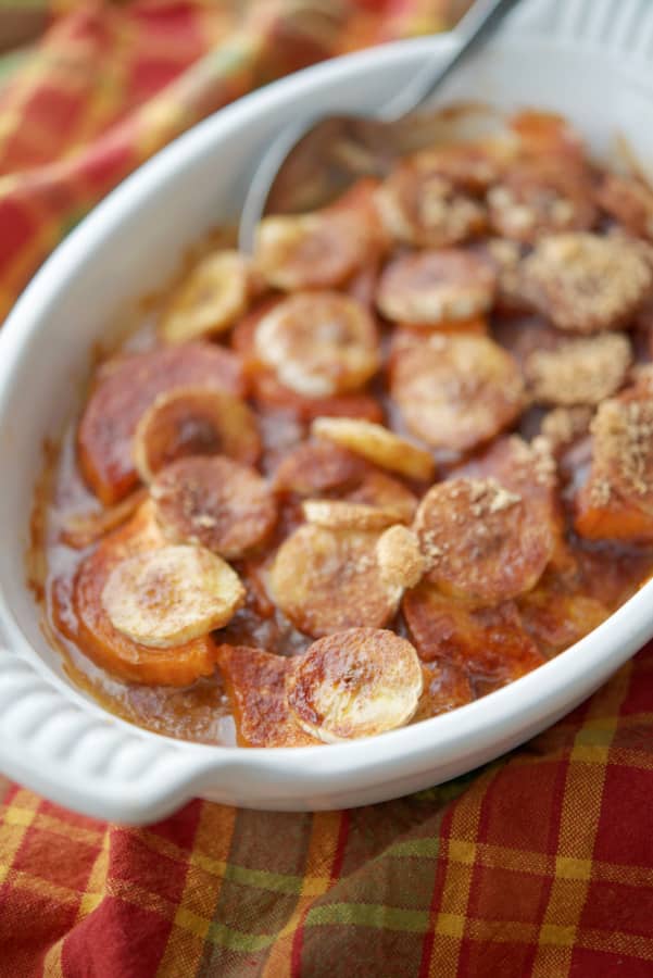 Sweet Potato Banana Casserole in white dish