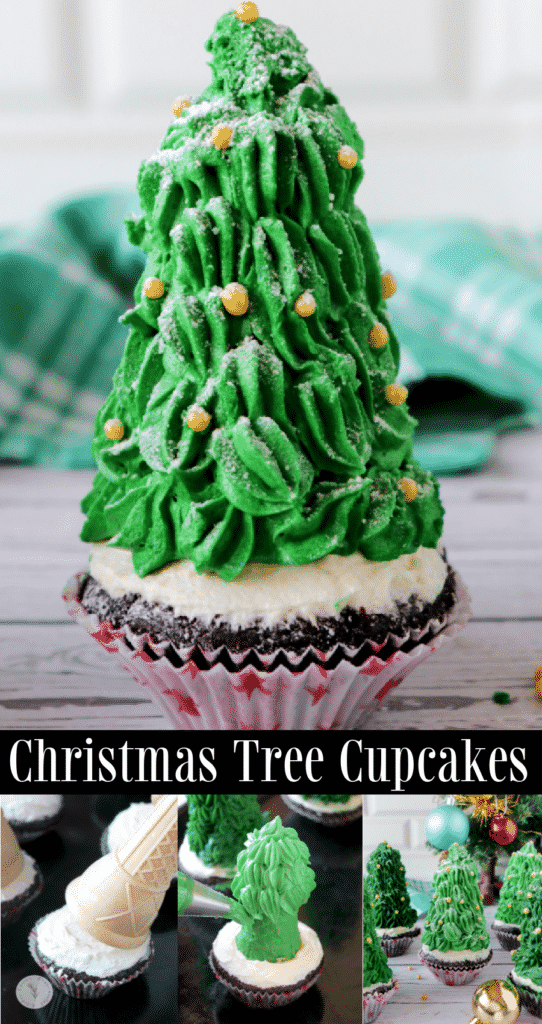 Christmas Tree Cupcakes made with box cake mix, homemade buttercream icing and fun sprinkles make a fun, festive holiday treat!
