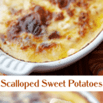 Scalloped potatoes are a classic side dish and this one made with layered fresh sweet potatoes is in a rich Havarti cream sauce.