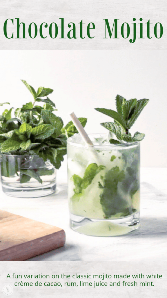 A fun variation on the classic mojito made with white crème de cacao, silver rum, lime juice and fresh mint.