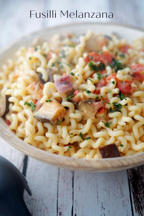 Fusilli Melanzana pasta in a bowl.