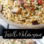 Fusilli Melanzana is a meatless pasta dish tossed with roasted eggplant, garlic, plum tomatoes, onions and fresh basil.