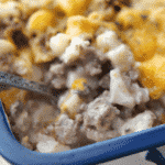 Ground Beef Potato Casserole made with lean ground beef, diced potatoes, cream of mushroom soup and shredded Cheddar cheese.