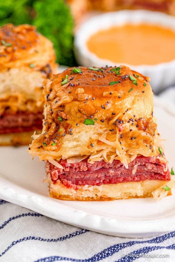 A close up of Reuben Sliders