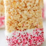 Classic Rice Krispie Treats made with rice cereal, marshmallows and a little extra love for Valentine's Day make a tasty treat. 