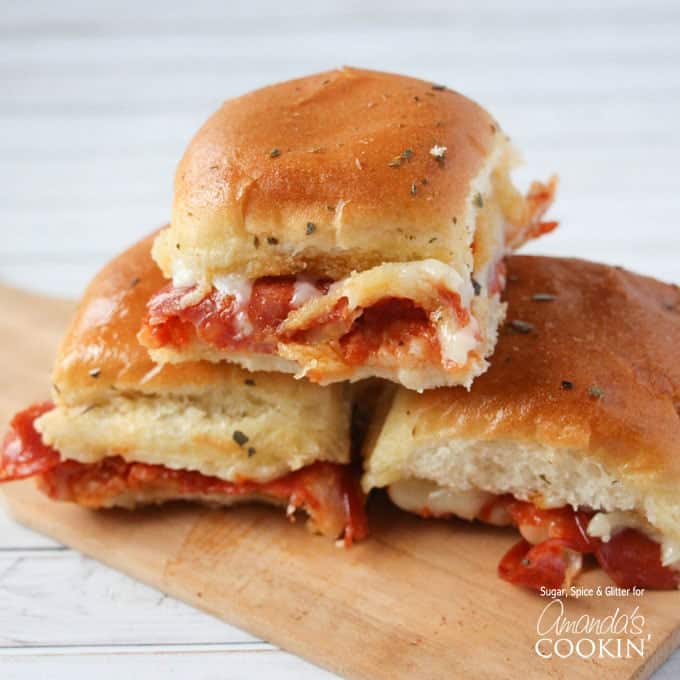 Pizza Sliders on a cutting board. 