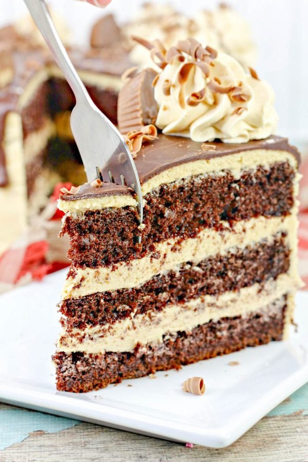 A piece of chocolate cake on a plate, with Peanut Butter