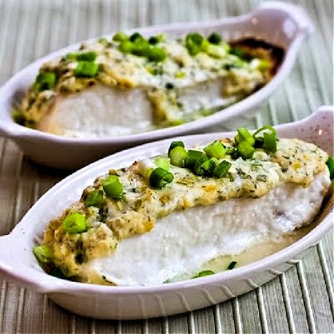 A bowl of food on a plate, with Halibut and Parmesan