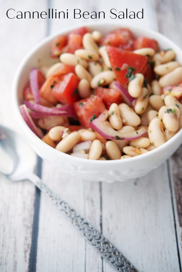 Cannellini Bean Salad in a white bowl