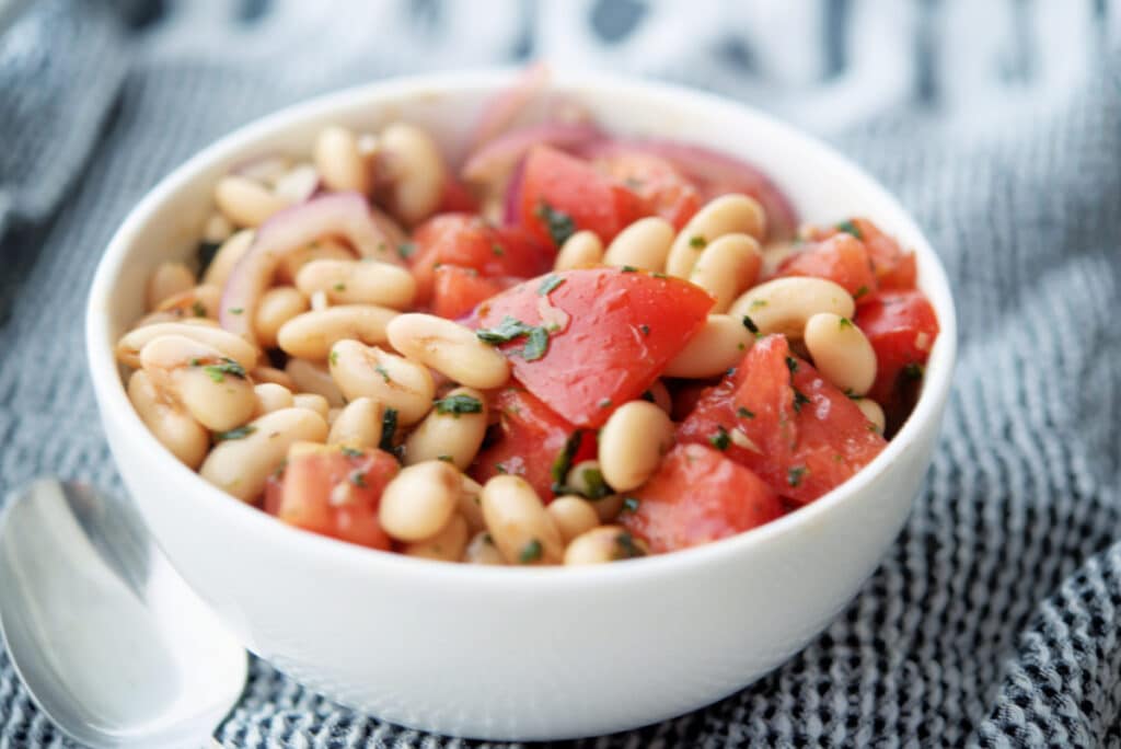 Cannellini Bean Salad on a black napkin