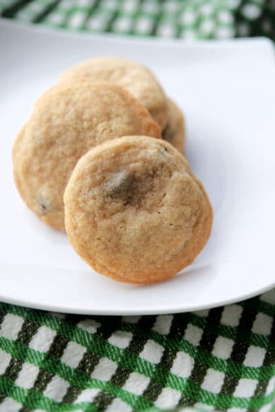 Irish Cream Chocolate Chip Cookies on a white plate.