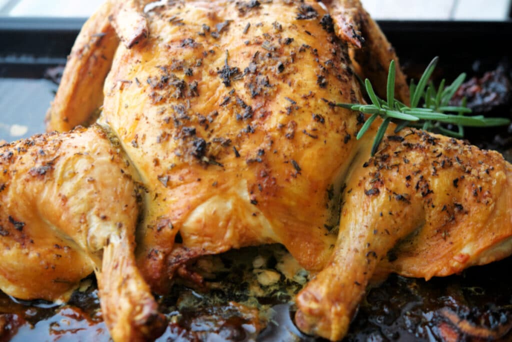 whole rosemary lemon spatchcock chicken on a sheet pan