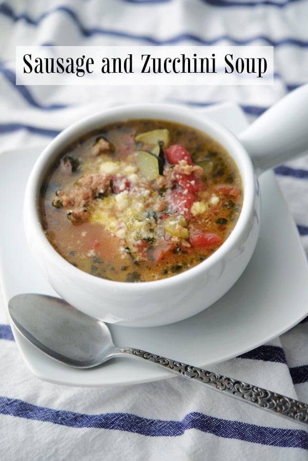 Sausage and Zucchini Soup in soup bowl
