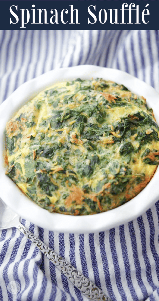Spinach Soufflé made with frozen spinach, spices and shredded Cheddar Jack cheese makes a tasty vegetable side dish.