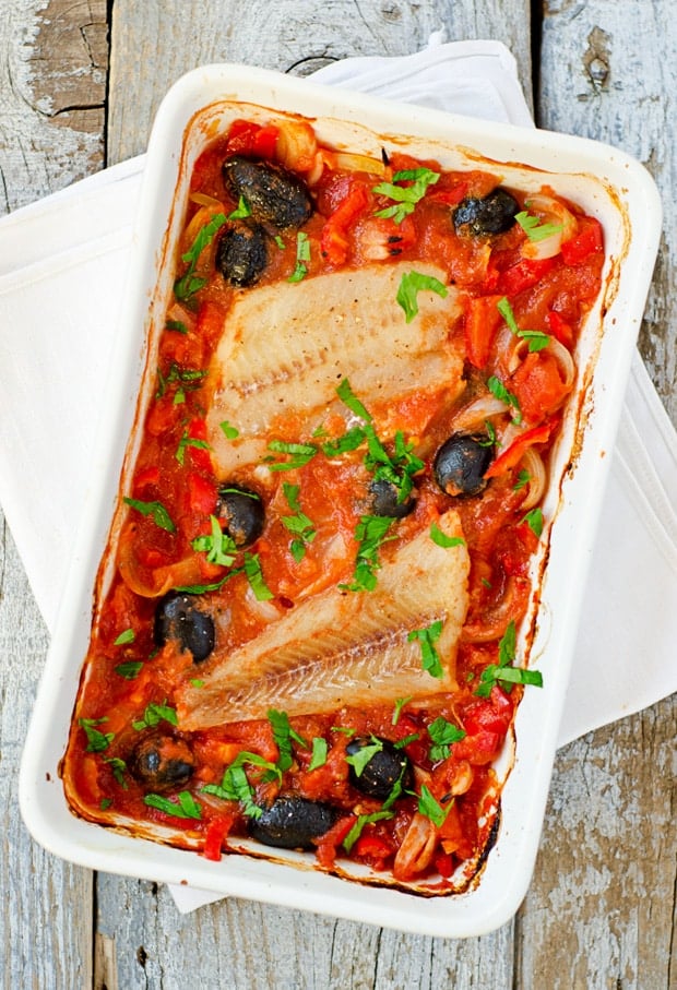 Cod with Tomatoes Red Peppers and Olives