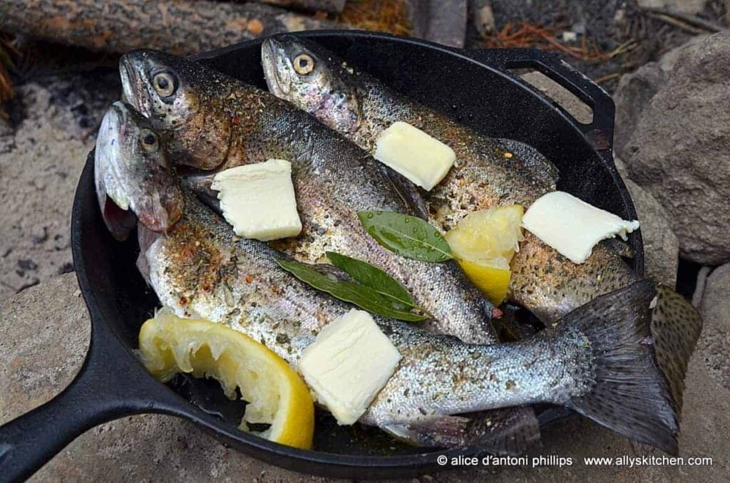 A pan of food, with Fish and Trout