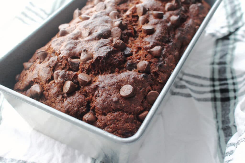 Chocolate Banana Bread in loaf pan